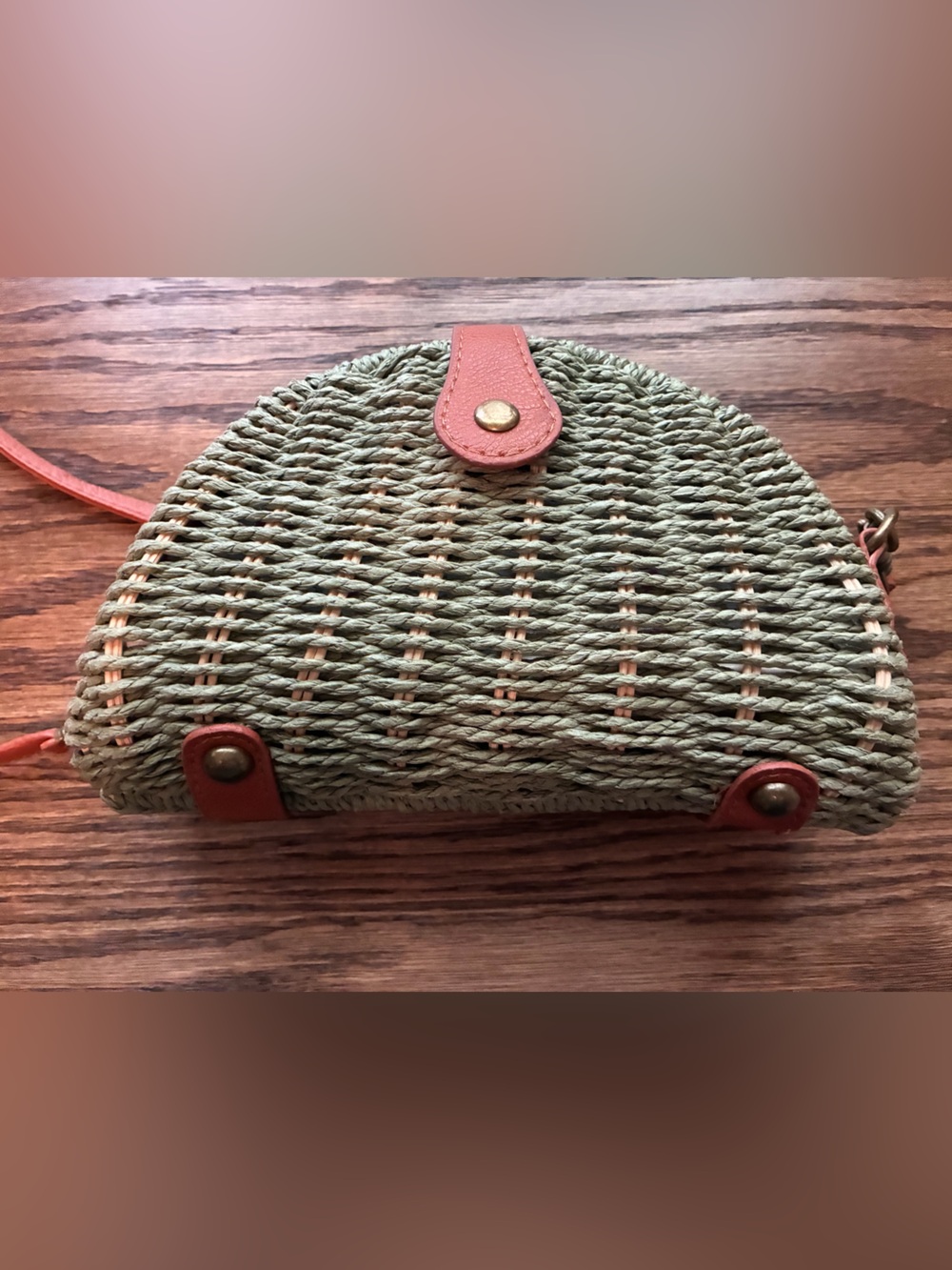 Half Moon Woven Straw Crossbody Bag with Tan Leather Trim
